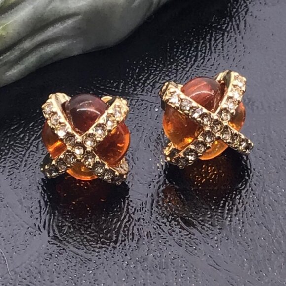 Amber Rhinestone X Stud Earrings With Gold Plated Setting For Women - Picture 2 of 7